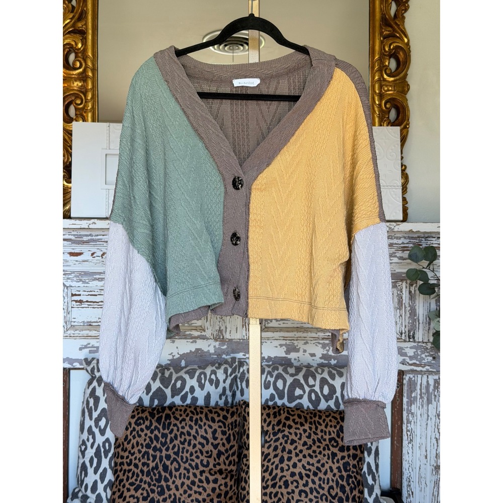 Bucketlist Colorblock Cable Knit Cardigan Sweater Pastel Boho Medium 11525